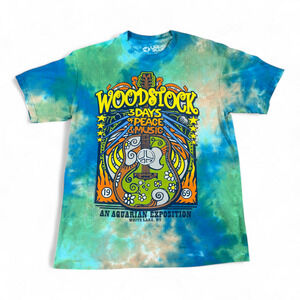 Woodstock Shirt Adult MEDIUM Green Liquid Blue Tie Dye Bands Music Festival 1969